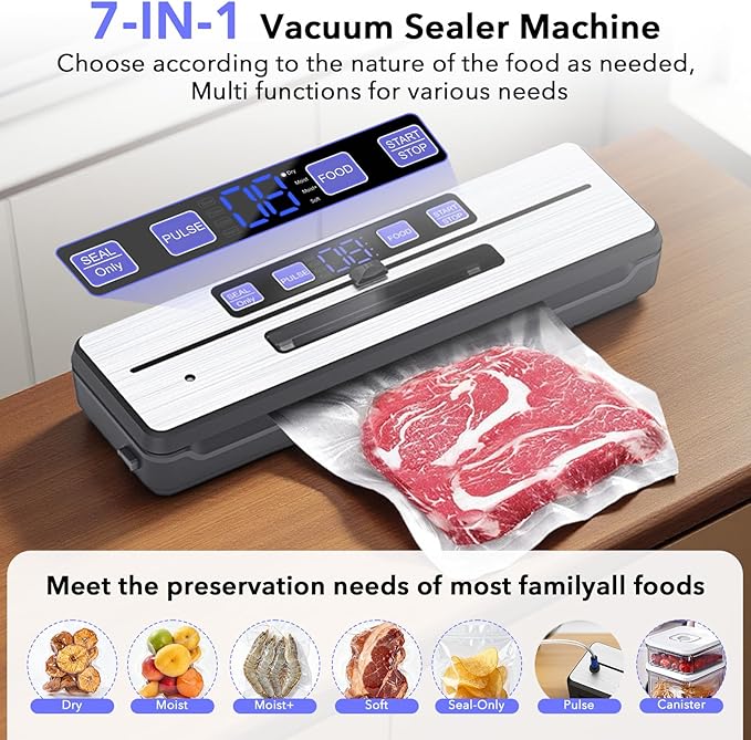Food Saver Vacuum Sealer Machine + 30 Vacuum Bags, 7-in-1 Multi-Functional Vacuum Sealer, Food Sealer for Freshness Storage, with Dry & Moist Food Modes, Double Heat Seal, Built-in Cutter, Silver