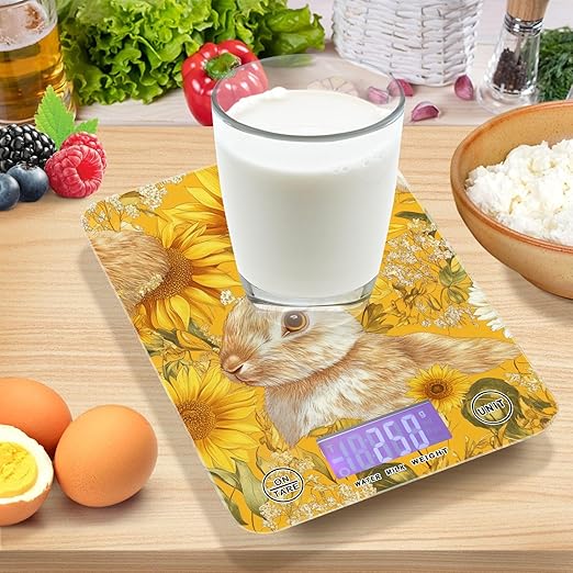 Yellow Sunflowers Bunny Food Scale Kitchen Digital Scale Food Ounces and Grams Dieting Baking Cooking Waterproof Glass Panels LCD Display,4 Units Tare Function