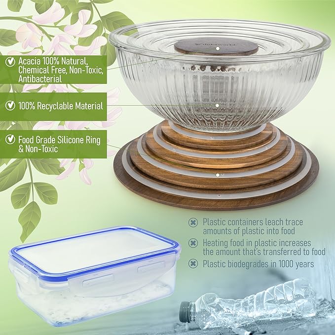 Stackable Space-Saving Set of 5 Nesting Glass Bowls with Acacia Lids for Foodprep, Storage, Mixing & Cooking - Microwave & Oven-ready BPA Free Durable Heat Resistant Inert Borosilicate Glass