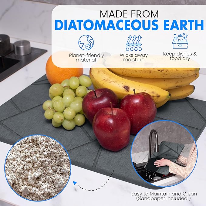 Dagons Stone Dish Drying Mats for Kitchen Counter Ultra Absorbent Ideal Dish Rack Alternative, Perfect Kitchen Essentials for New Home, Durable And Efficient(15.7 x 11.8 x 0.37 inches, Dark Gray)