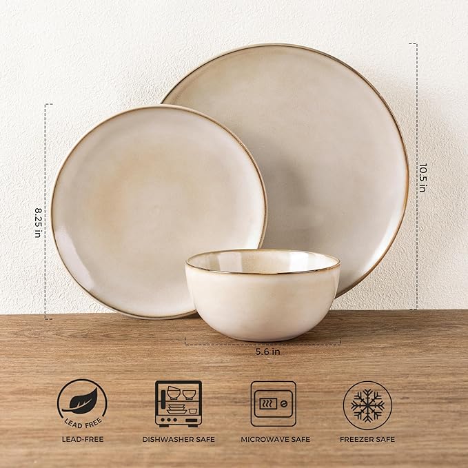 GBHOME Ceramic Dinnerware Sets for 4, 12 Pieces Stoneware Plates and Bowls Sets, Reactive Glaze Dishes -Scratch Resistant, Dishwasher&Microwave Safe-Cappuccino