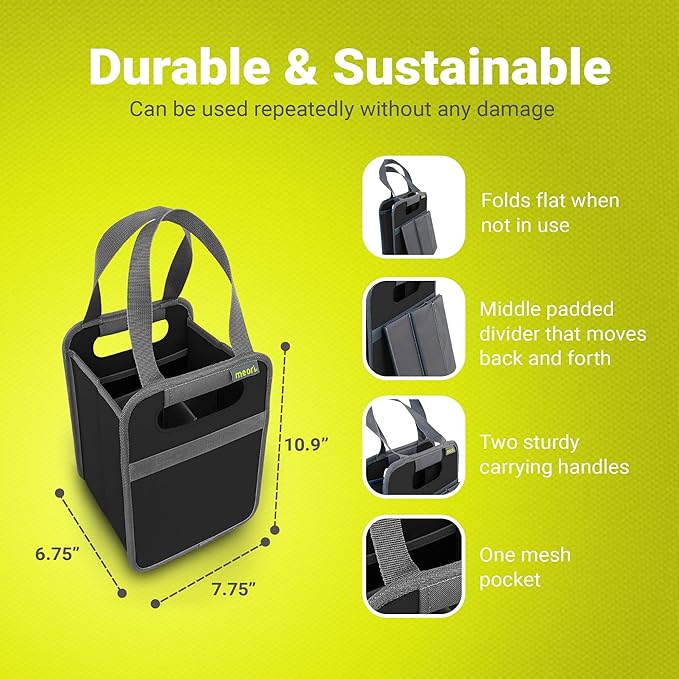 meori Foldable 4 Bottle Wine Tote Lava Black Organize Crate Glass Dividers Stylish Travel Storage Box Liquor Spirits Tastings Grocery Shopping Hostess Gift (A100813)