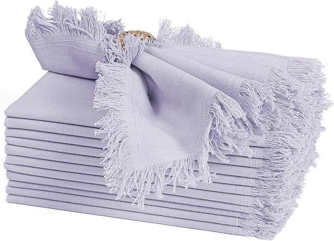 Bedding Craft Cotton Cloth Dinner Napkins Set of 12 – 18x18 Lavender Blue with Frayed Selvedge Edges – Reusable Machine Washable Fabric Napkins for Weddings, Baby Showers & Parties