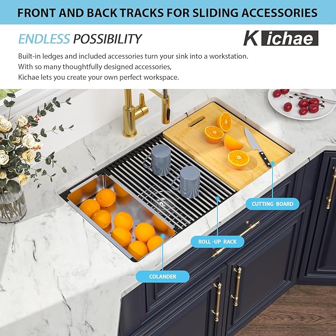 Kichae 32 inch Granite Composite Undermount Kitchen Sink - 32 x 19 Single Bowl Kitchen Sink Matte Black Quartz Workstation