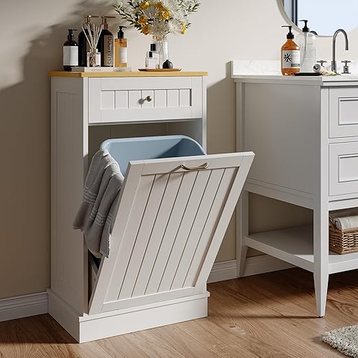 Tilt Out Trash Bin Cabinet Dog Proof Trash Can Holder Kitchen Island Without Garbage Bin or Tilt Out Laundry Hamper (White)