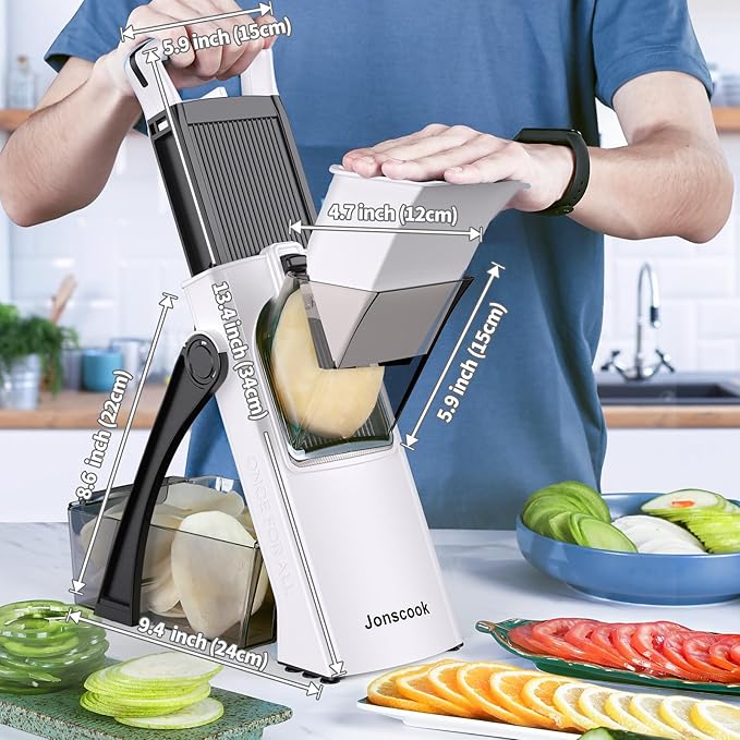 All-in-1 Update Safe Mandoline Slicer for Kitchen, Food Chopper with Container, Thickness Adjustable Vegetable Chopper, Potato French Fry Cutter Tomato Apple Slicer Onion (BlackWhite)