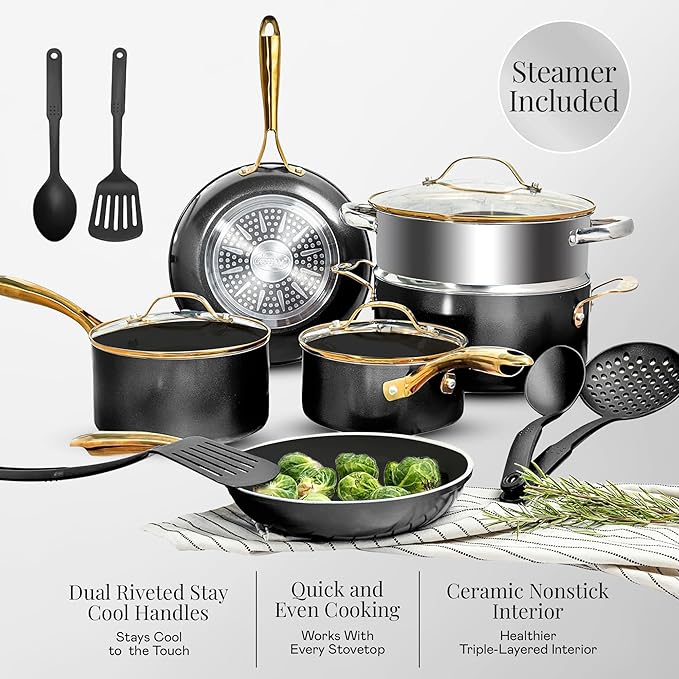 Gotham Steel 15 Pc Ceramic Cookware Set Nonstick, Ceramic Pots and Pans Set Non Stick with Steamer & Cooking Utensils, Non Toxic PFOA PFOS Free, Premium Stay Cool Handles, Oven & Dishwasher Safe