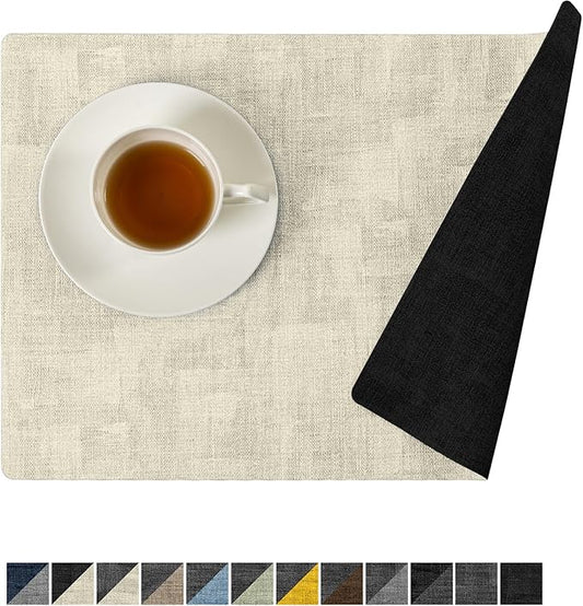 Romanstile Reversible Vinyl Placemats Set of 4, Faux Leather 100% Waterproof Oil-Proof Wipeable Place Mats, Heat Resistant Dual Sided Table Mats for Kitchen/Dining/Party (Black Beige, 12 x 17 Inch)