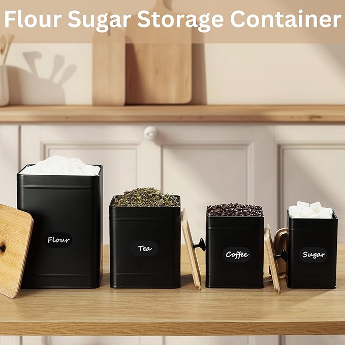 PERFNIQUE Kitchen Canisters, Airtight Canister Sets for Kitchen Counter, Kitchen Canisters for Countertop Set of 4, Coffee Tea Sugar Flour Spice Tin Jars Food Storage Container with Lid(Black)