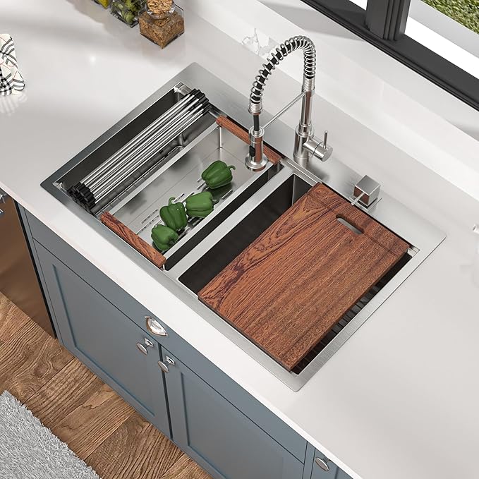 Mocoloo 33 Inch Double Bowl Kitchen Sinks - 33 x 22 Inch Drop In Kitchen Sinks Workstation 16 Gauge 50/50 Stainless Steel Topmount Double Bowl Handmade, 10 Inch Deep