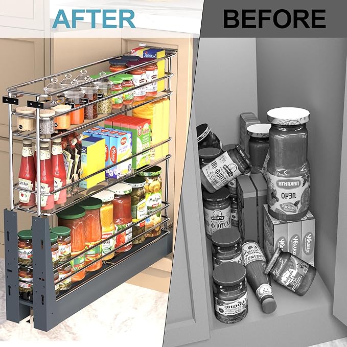 Pull Out Spice Rack for Narrow Cabinet (7.8" W X 19.7" D), Heavy Duty 3 Tier narrow PullOut Cabinet Organizer and Slide Out Shelves for inside Base Cabinets, Filler Pantry Storage