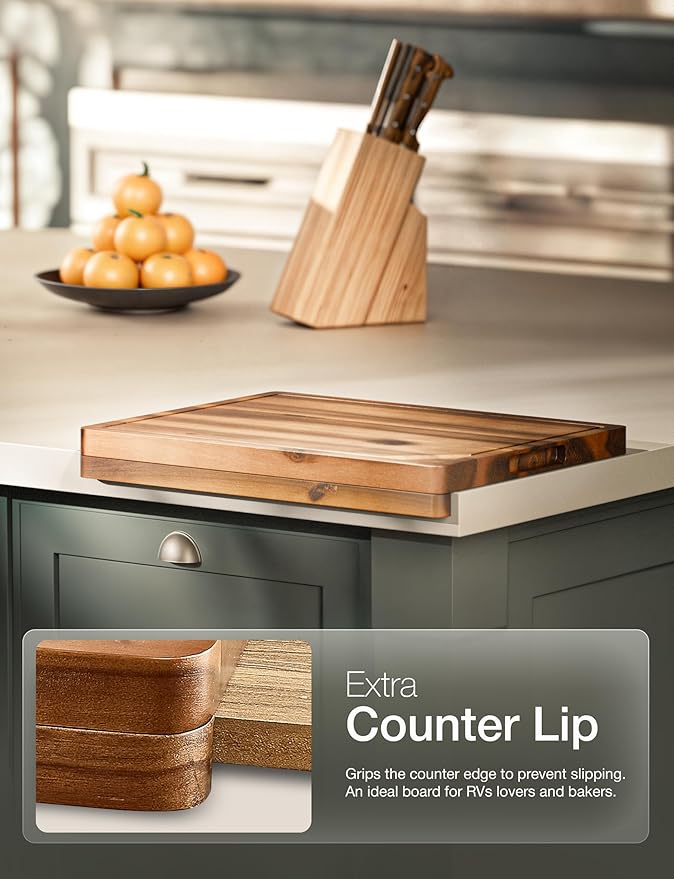 16” Acacia Wood Cutting Board and Chopping Board with Handles - Wooden Cutting Boards for Kitchen Counter - Cheese Board and Charcuterie Board - Serving Board With Counter Lip - No Assembly