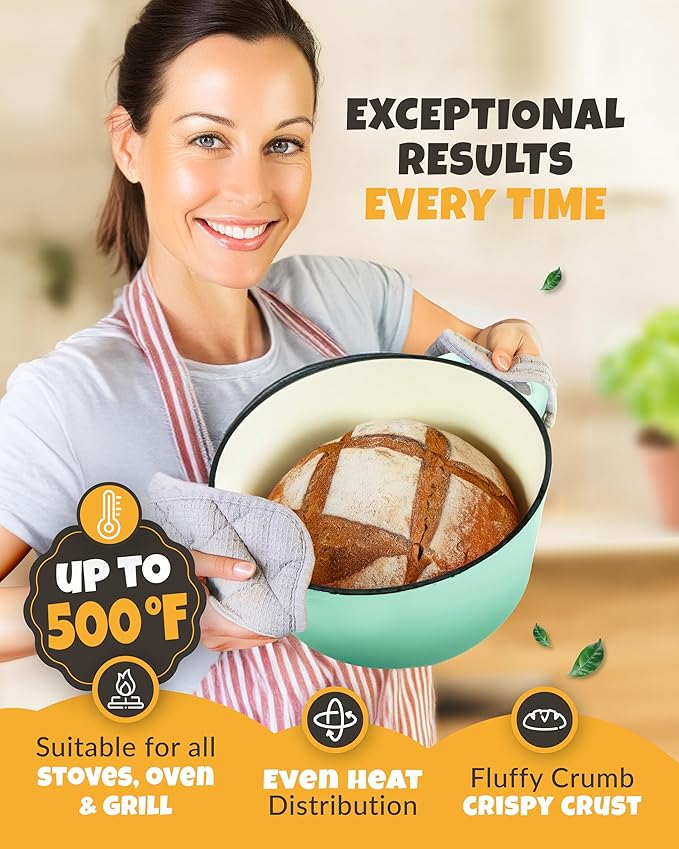 Dutch Oven for Bread Baking - incl. Sourdough Bread-Baking Supplies like Banneton Bread-Proofing Basket - 5QT Enameled Cast Iron Bread-Oven with Lid, Baking Pan, Scoring Tool Lame