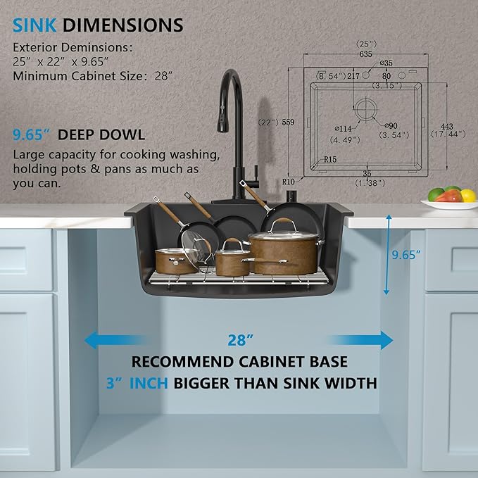 25"x22" Granite Composite Kitchen Sink – Matte Black Drop In Topmount Granite Quartz Classic Above Counter Single Bowl Sink Basin