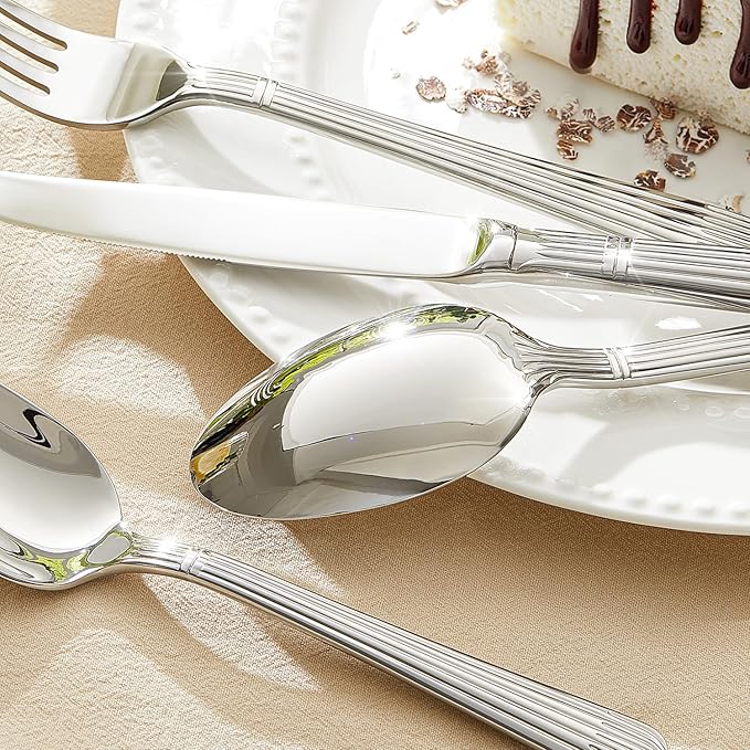 KINGSTONE 40-Piece Silverware Set, 18/10 Stainless Steel Flatware Set - Luxury Elegant Striped Cutlery with Dishwasher Safe, Durable for Family Dining, Catering, Weddings, Anniversaries Gift