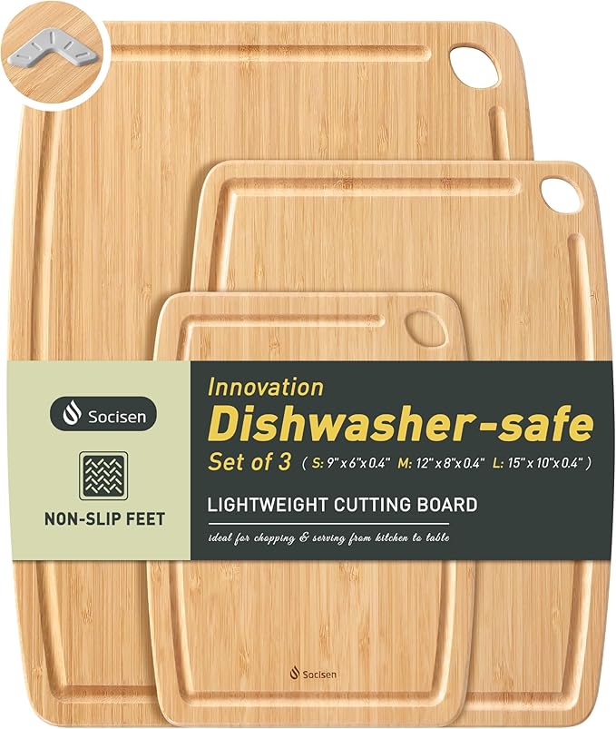 Lightweight Durable Bamboo Cutting Board Set with Non-Slip Feet, Wood Cutting Board for Busy Kitchen, Easy Clean Wooden Chopping Boards with Juice Groove Best House Warming Gift Set of 3 (S+M+L)