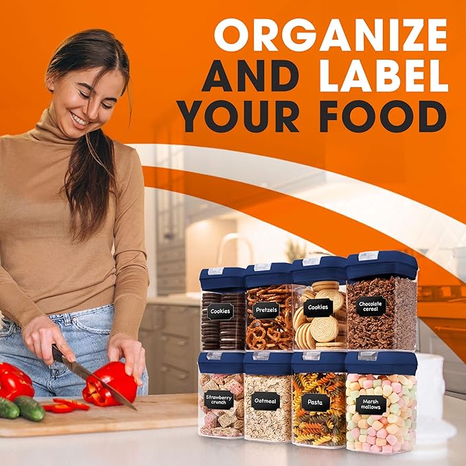 Cheer Collection Airtight Food Storage Containers, Kitchen Storage Containers for Pantry, Set of 8 Food Containers with Lids Airtight, Pantry Storage Containers & Organizers with Lids, Navy Blue