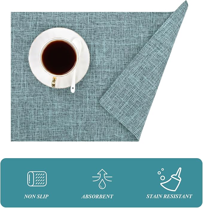 SHACOS Washable Fabric Placemats Set of 4 Heat Resistant Double Layer Cloth Table Mats Non Slip Farmhouse Place Mats, Blue Grey