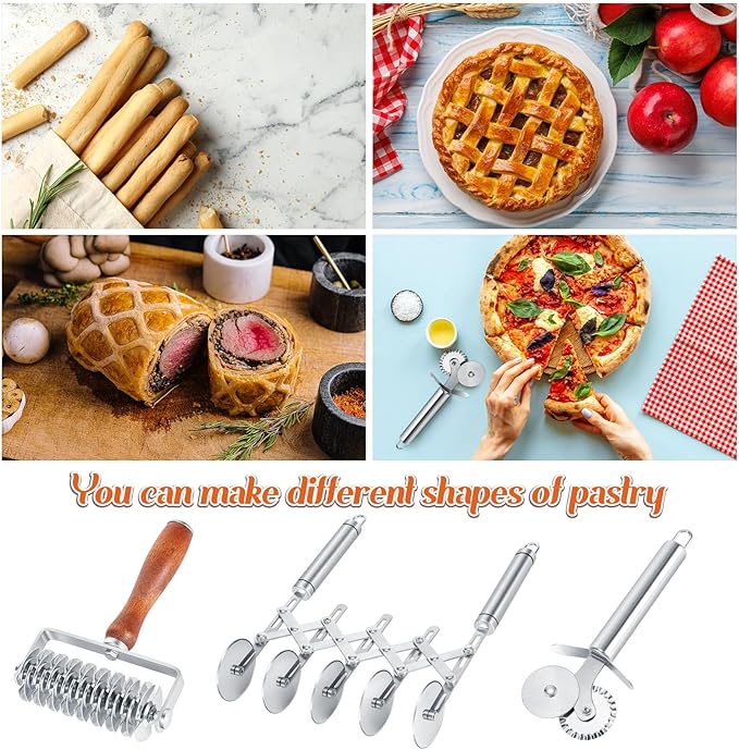 Gisafai 3 Pcs Pastry Cutter Set 5 Wheel Adjustable Pizza Slicer Stainless Lattice Roller Slicer Dual Ravioli Dough Cutter for Christmas Kitchen Pizza Noodle Pasta Maker