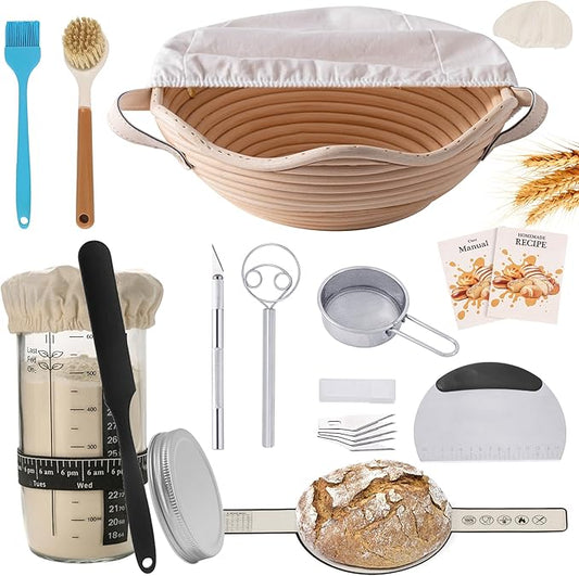 Complete Sourdough Starter Kit with Banneton Proofing Basket & Dough Scraper – All-in-One Bread Baking Set for Homemade Artisan Sourdough