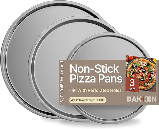 Bakken Swiss Pizza Tray Set 3-Piece – Gray Ceramic Coating, Non-Stick, Round Steel Pizza Pans - Dishwasher Safe, Premium Bakeware for Home Cooking Heatly coating