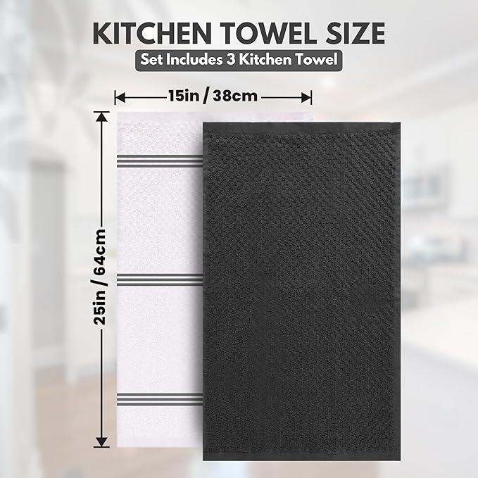 Infinitee Xclusives Premium Kitchen Towels – Pack of 3, 100% Cotton |15 x 25| Inches Absorbent Dish Towels - Terry Kitchen Dishcloth Towels - Grey Dish Cloth for Household Cleaning