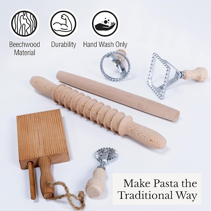 Complete 6 Pcs Pasta Making Tool Set Includes Two Ravioli Stamp Maker Cutter And Roller Wheel Set, Two Pasta Rolling Pins, Gnocchi Board By Cotswold Homeware Co