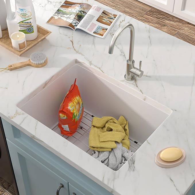 24 Undermount Laundry Sink - Fulorni 24"x18" Laundry Room Utility Sink White Granite Composite Quartz Classic 12 Inch Deep Single Bowl Under Counter Basin