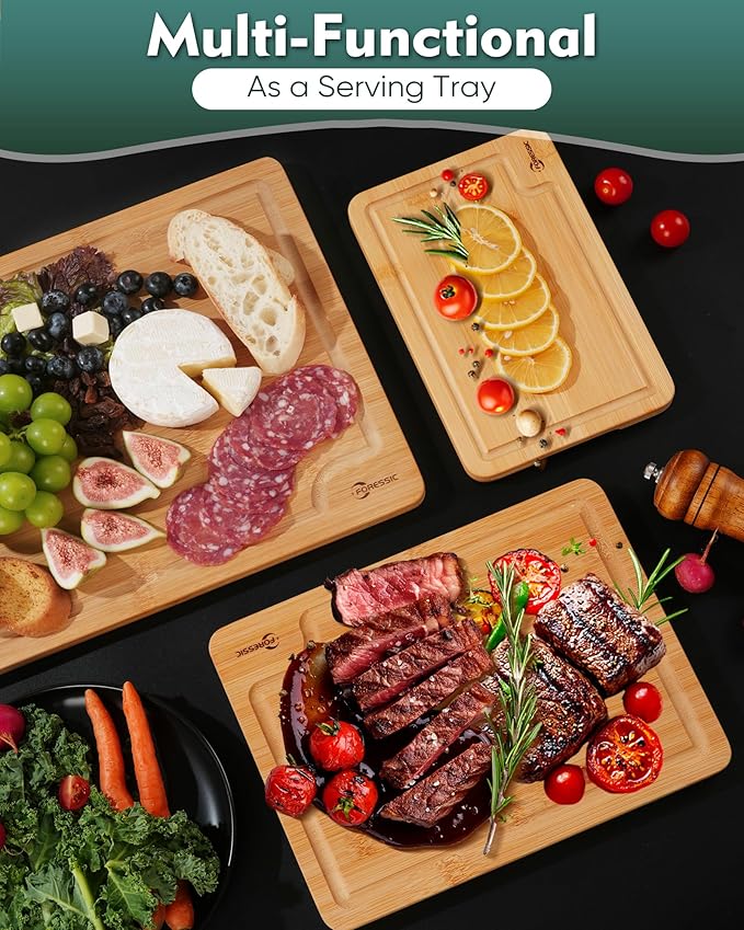 Wood Cutting Board Set Non Slip Feet Over Sink Natural Bamboo Set With Smooth Surface Knife-Friendly and Easy Storage Set of 2 Medium - Small Serving Kitchen Gadgets (Natural)