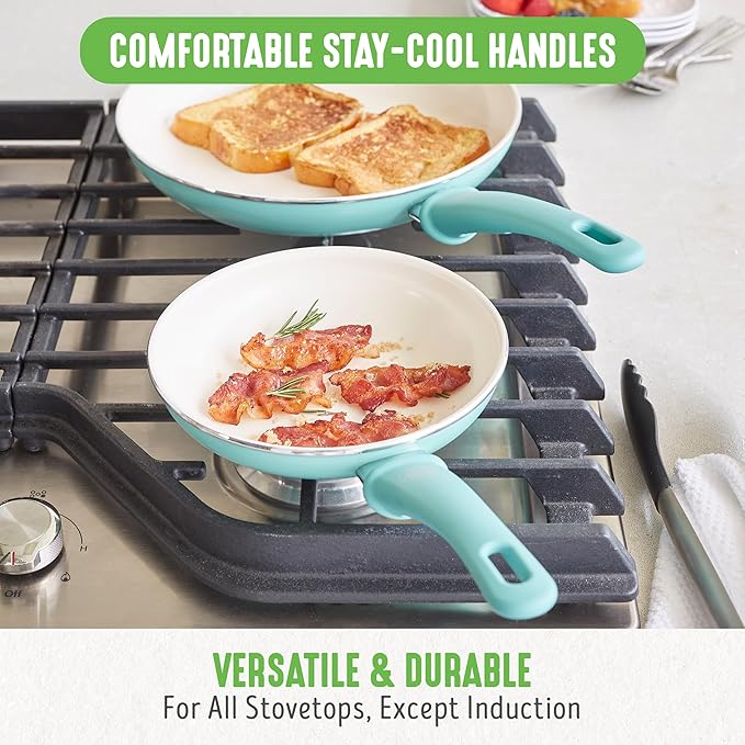 GreenLife Soft Grip 16 Piece Cookware Set, Non-Toxic PFAS-Free Ceramic Nonstick, Pots, Frying, Sauce, Saute, Glass Lids, Stay-Cool Handles, Wobble Free Bases, Dishwasher & Oven Safe, Turquoise