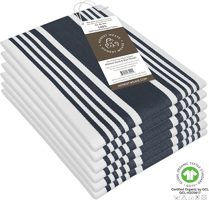 GOTS Certified Organic Cotton Kitchen Hand and Dish Towel Sets - Oversized 20x30 inches, Fully Hemmed, in Designer Colors, 6-Pack, Black Stripe