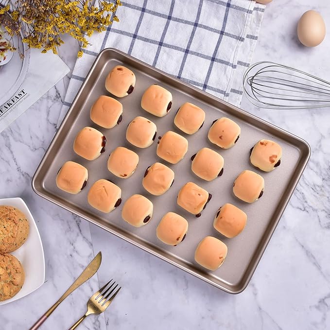 13-Inch Baking Sheet Pan, Non-Stick Carbon Steel Meat Bread Jelly Roll Pizzas Pastries Rimmed Cookie Sheet Pan for Oven Roasting 13" × 9" × 0.8" (Champagne Gold)