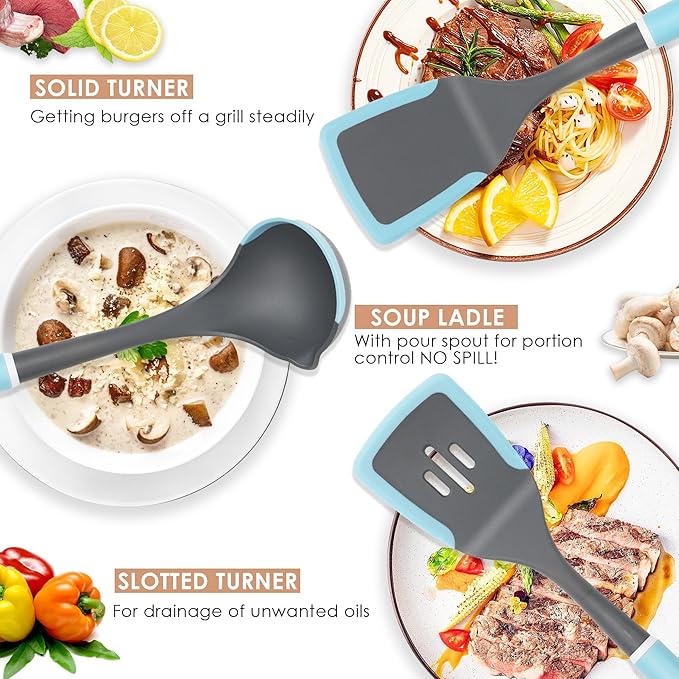 Kitchen Cooking Utensils Set, Non-Stick Spatula Set with Rotating Stand, 6 PCS Silicone Utensils Set for Cooking, 400°F Heat Resistant, Kitchen Gadgets with Nylon Handle & Stable Holder, Grey Blue