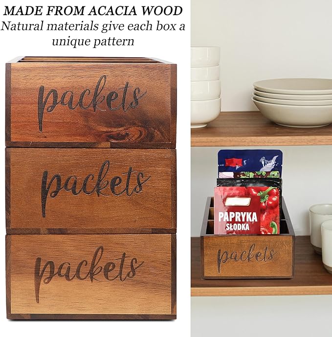 Packet Organizer, Acacia Wood Packet Storage Organizer with 3 Compartments,Farmhouse Kitchen Organization for Spice, Gravy, Taco, and Dressings Packets for Kitchen, Brown Labeled Packets