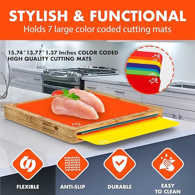 Cutting Boards for Kitchen – Bamboo Cutting Board with 7 Color-Coded Chopping Mats + Bonus Wood Cutting Board – Knife-Friendly & Dishwasher Safe Wooden Cutting Boards for Kitchen.