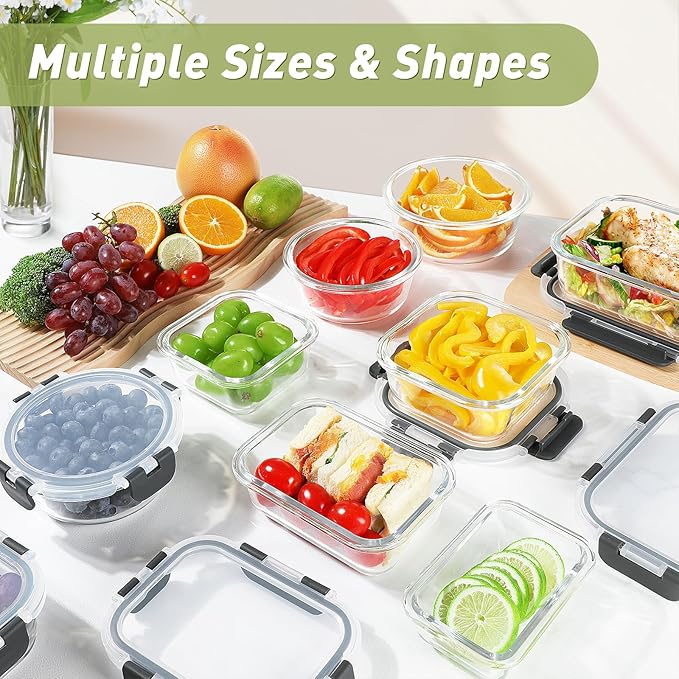 BAYZZ 30 Piece Glass Food Storage Containers Set, Glass Meal Prep Containers with Lids, Airtight Lunch Box, BPA-Free, Microwave, Freezer & Dishwasher Safe