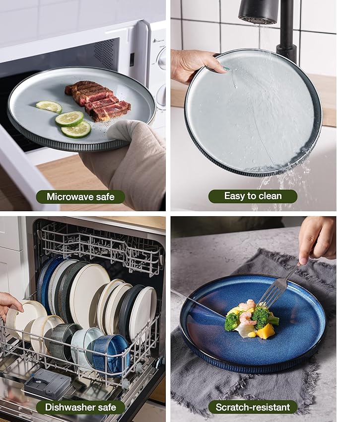 famiware Star Dinnerware Set, Plates and Bowls Sets for 4 (12pcs), Ribbed Stoneware Dishes - Chip & Scratch Resistant, Microwave & Dishwasher Safe, Multicolor - Cappuccino White & Smoky Blue