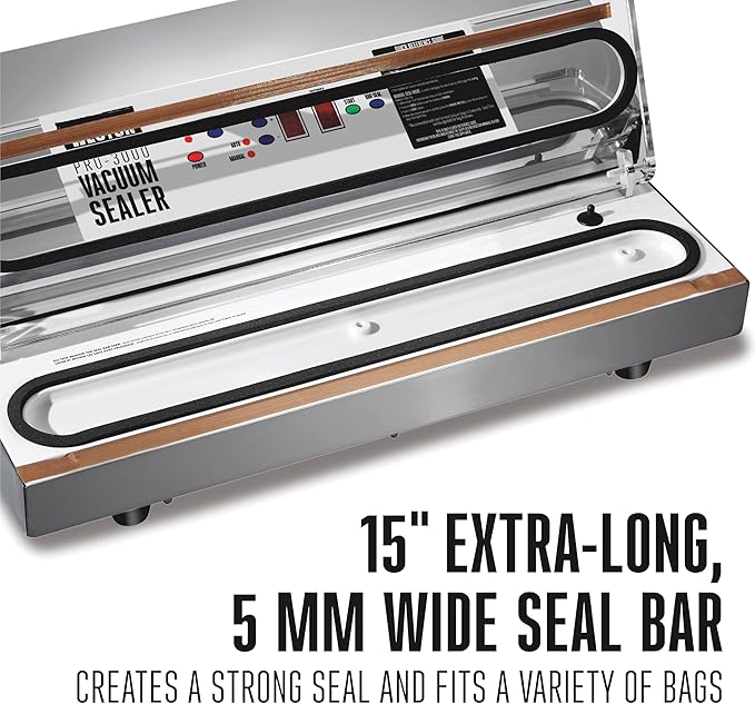 Weston Brands Vacuum Sealer Machine for Food Preservation & Sous Vide, Extra-Wide 5mm Bar for Sealing Bags up to 15" Wide, 1020 Watts, Programmable, Pro-3000, Stainless Steel (65-0420-W)