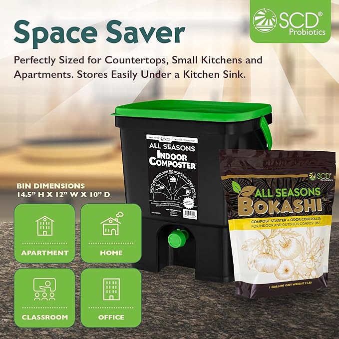 All Seasons Indoor Composter Starter Kit – 4.4 Gallon Black Organko Compost Bin for Kitchen Countertop with Scoop, Cup, Presser & 2 lbs. (1 Gallon) of Bokashi, 77% Recycled Plastic by SCD Probiotics