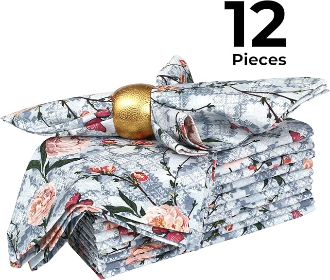Bedding Craft Cotton Cloth Dinner Napkins Set of 12 – 18x18 Birds Print Design with 1" Fold – Reusable Machine Washable Fabric Napkins for Parties, Dining & Everyday Use