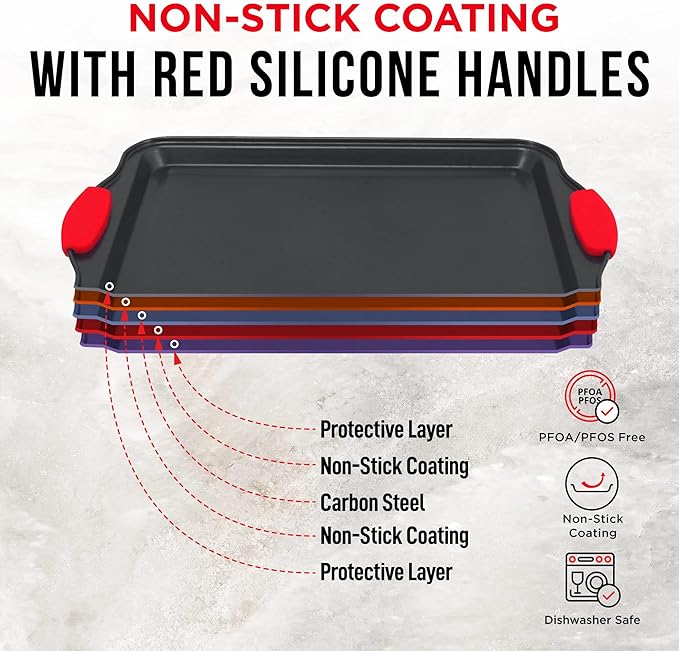 Baking Set – 10 Piece Kitchen Oven Bakeware Set – Deluxe Non-Stick Blue Coating Inside and Outside – Carbon Steel – Red Silicone Handles – PFOA PFOS and PTFE Free by Bakken,Black