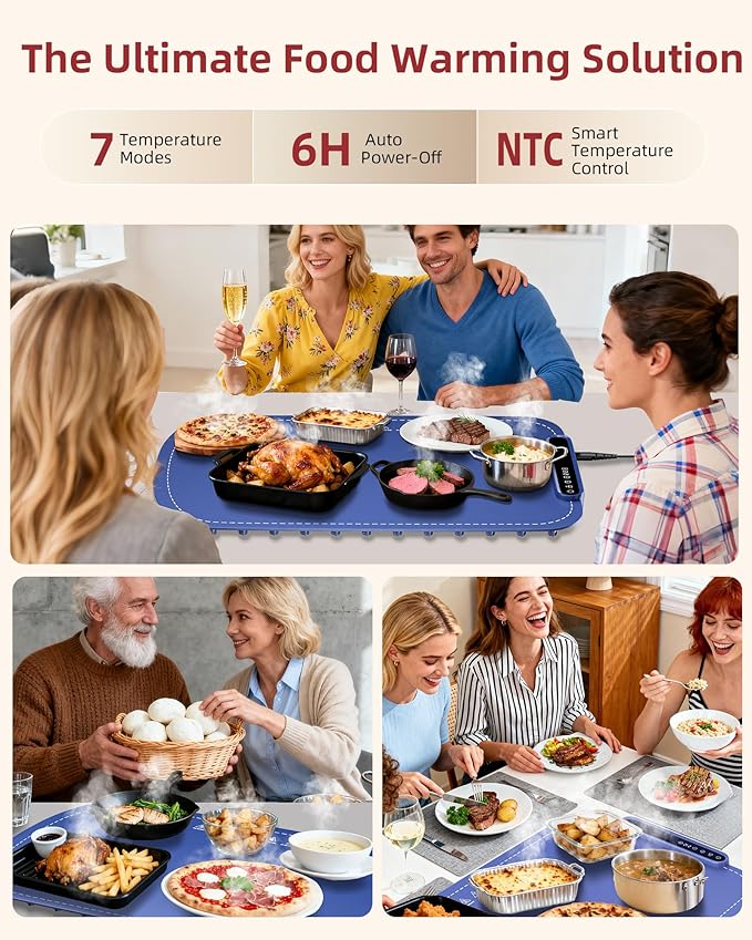 Warming Mat for Food, Upgraded Fast-Heating Electric Warming Tray with 7 Temp Levels & 8 Timers, Buffet Raised Feet & Rollable Silicone Heat Pad, Portable Food Warmer for Home, Party & Travel (Blue)