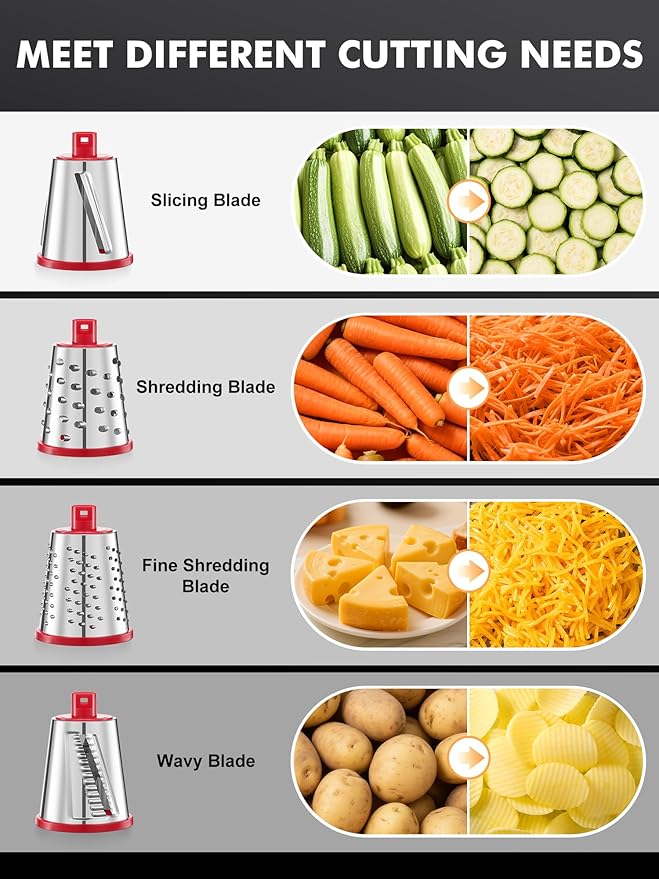 GDL Rotary Cheese Grater Hand Crank - Upgraded Cheese Shredder with 4 Interchangeable Blades, Rotary Grater with Non-slip Suction Base, Easy to Clean Kitchen Grater Slicer Grinder for Vegetable Nuts