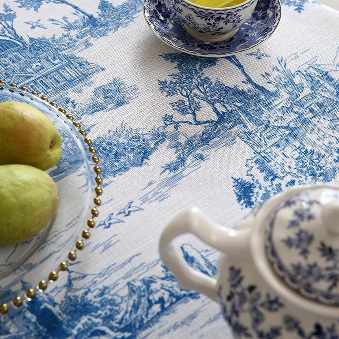 patdrea Designer Cyan Tablecloth for Round Tables,Vintage Linen with Ancient Castle and Manor Pattern Tablecloths,Elegant Table Cover Cloth Decor for Kitchen Dining Christmas,67"*67"