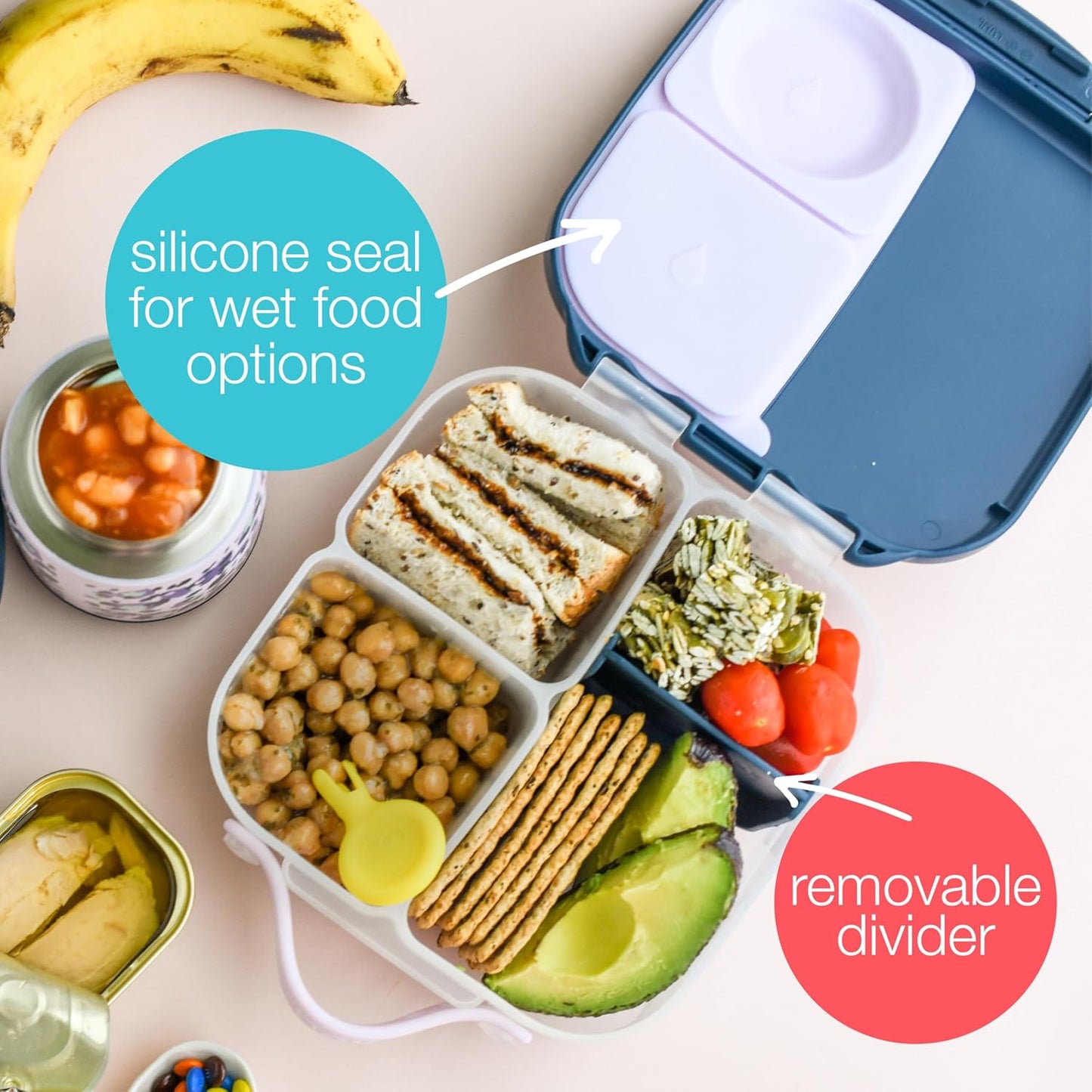 b.box Mini Lunch Box, Bento Box for Kids, Snack Container with 2 Leak Proof Compartments, Reusable Snack Containers with Lids, Kids Lunch Boxes Ages 3+, BPA Free, 4 1/4 Cup Capacity (Lemon Twist)