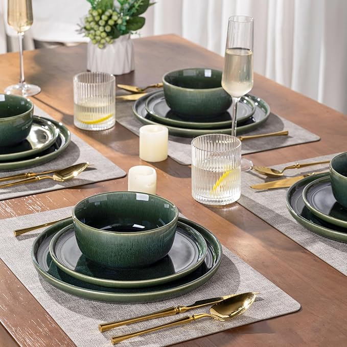GBHOME Ceramic Dinnerware Sets for 4, 12 Pieces Stoneware Plates and Bowls Sets, Scratch Resistant Dishes, Dishwasher & Microwave Safe, Reactive Glaze-Earth Green