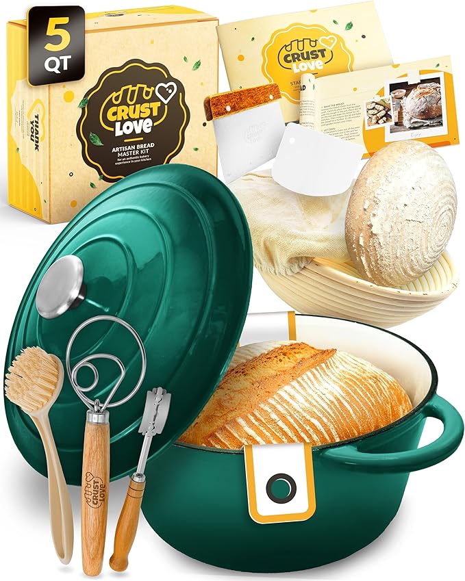 Dutch Oven for Bread Baking - incl. Sourdough Bread-Baking Supplies like Banneton Bread-Proofing Basket - 5QT Enameled Cast Iron Bread-Oven with Lid, Baking Pan, Scoring Tool Lame