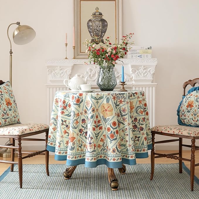 French Tablecloth for Round Tables,Linen Table Cloth with Colorful Flowers and Leaves Pattern,Heavy Durable Table Cover for Dining Thanksgiving Kitchen Decor Party Christmas,55"*55"