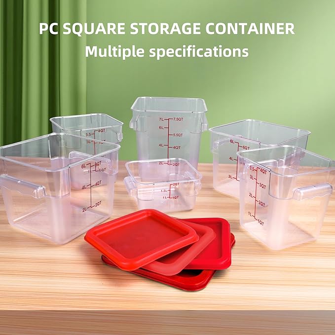 2 Pack Red Square Food Storage Container With Lid,2-12 Quart Commercial Storage Box With Scale & Handle,Cake Making,Dough Marinating Meat,Kitchen Supplies (12 Quart)