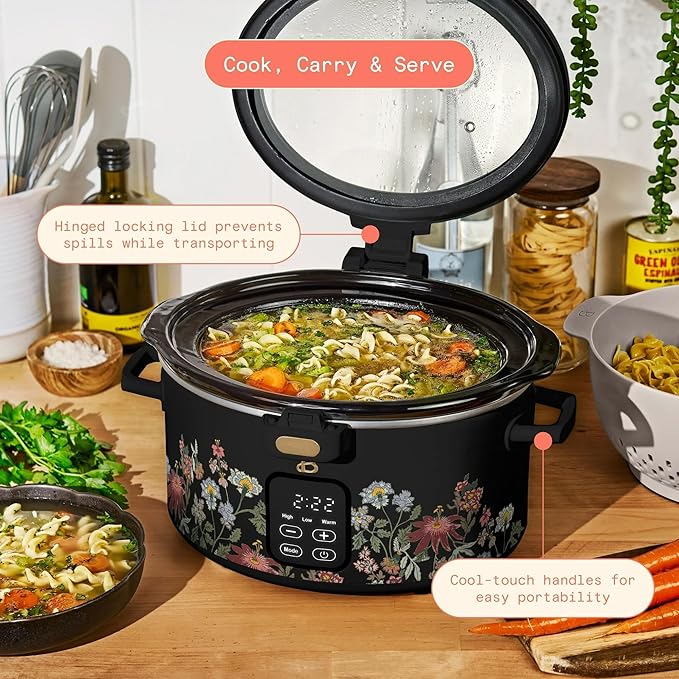 Beautiful 4-Qt Programmable Slow Cooker with Hinged Locking Lid & Touch Display – 3 Heat / 4 Timer Settings (Wildflower Black)